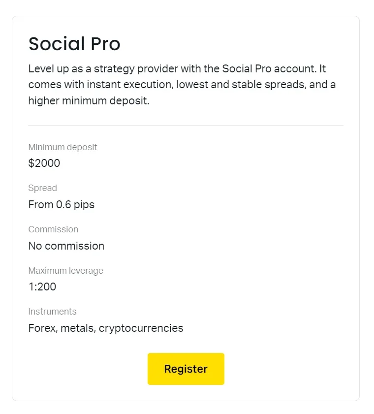 Exness Social Pro Account Types