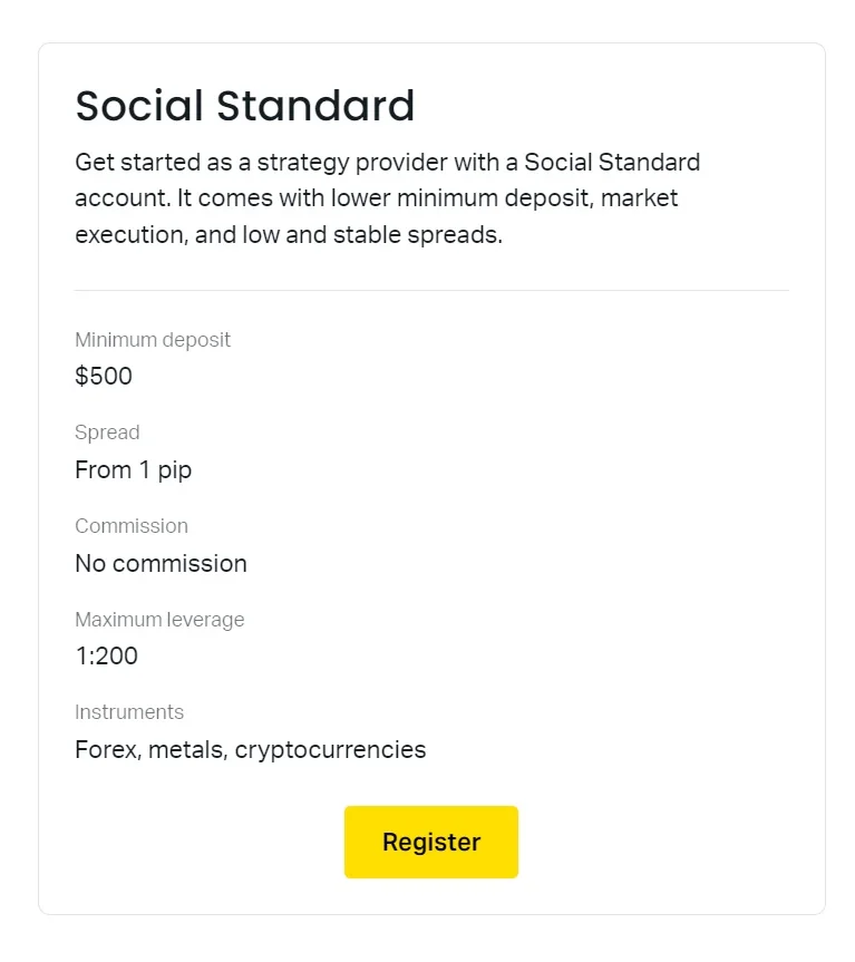 Exness Social Standard Account Types